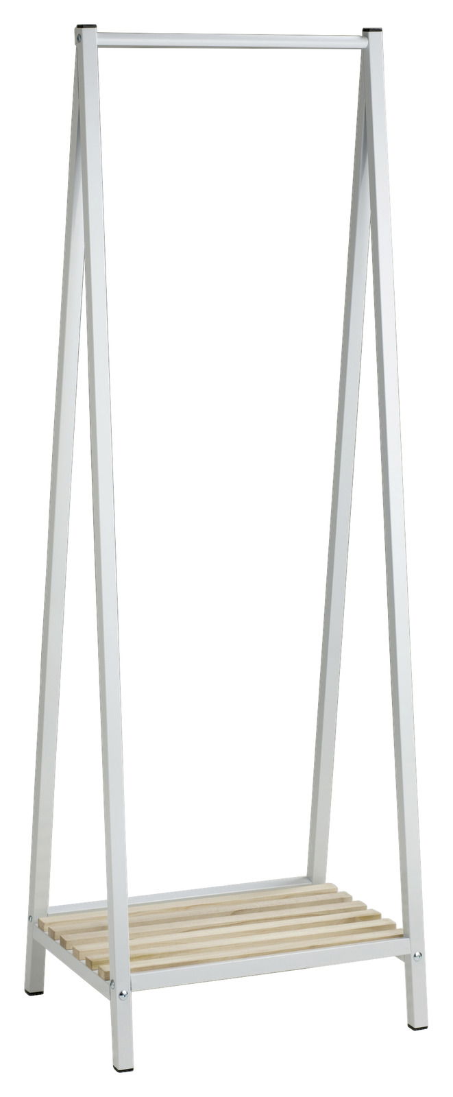 Moderner Garderobenständer mit weißem Metallrahmen und Holzablage, frontal abgebildet.
