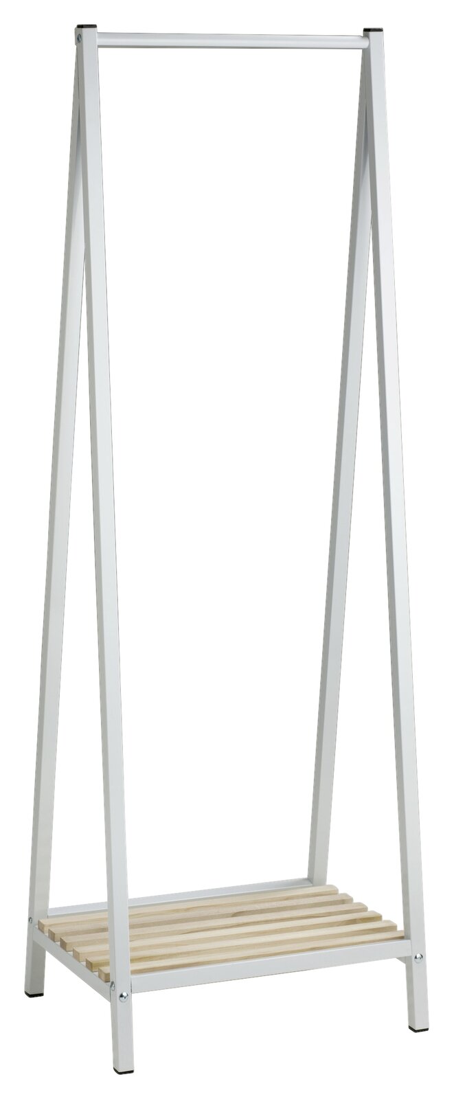 Cantus Garderobenständer WALTER Moderner Garderobenständer mit weißem Metallrahmen und Holzablage, frontal abgebildet.