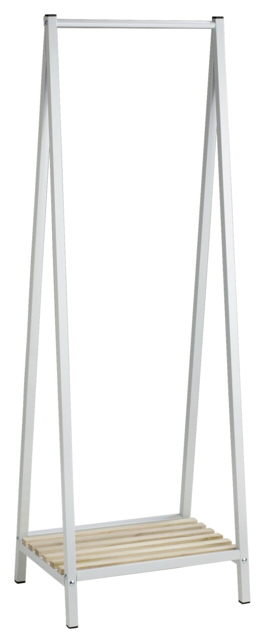 Moderner Garderobenständer mit weißem Metallrahmen und Holzablage, frontal abgebildet.