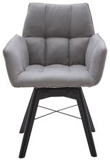 Grauer Armlehnenstuhl mit gepolsterter Sitzfläche und schwarzem Metallgestell, Frontalansicht