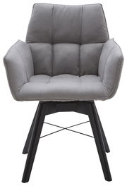 Grauer Armlehnenstuhl mit gepolsterter Sitzfläche und schwarzem Metallgestell, Frontalansicht