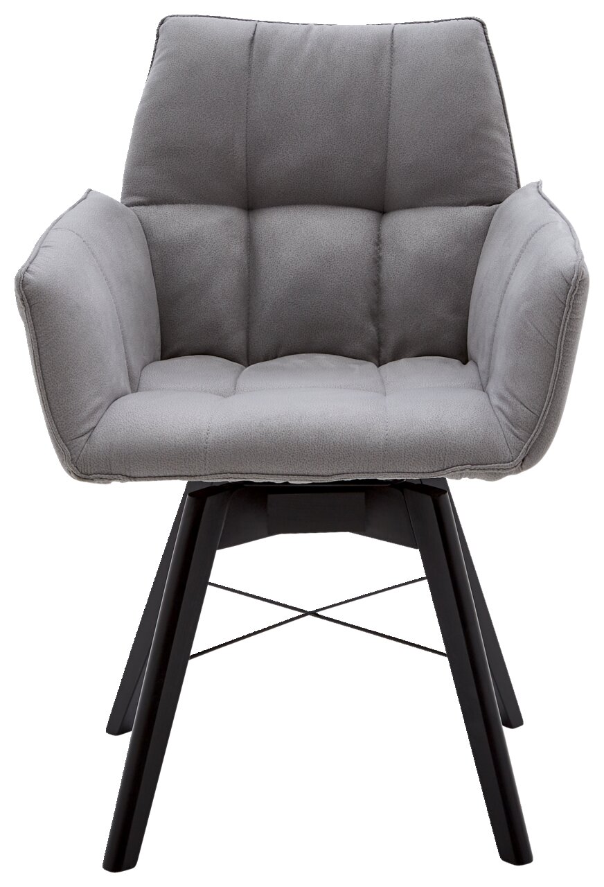 Grauer Armlehnenstuhl mit gepolsterter Sitzfläche und schwarzem Metallgestell, Frontalansicht