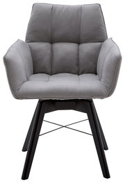 Grauer Armlehnenstuhl mit gepolsterter Sitzfläche und schwarzem Metallgestell, Frontalansicht