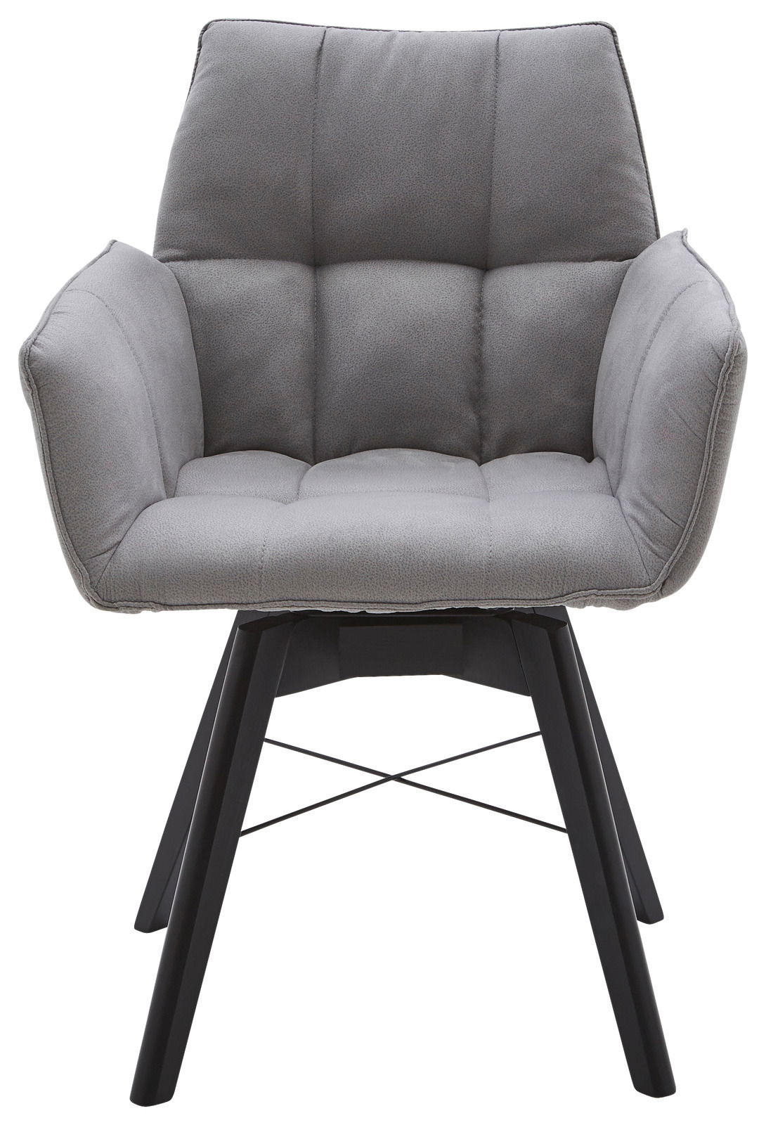 Grauer Armlehnenstuhl mit gepolsterter Sitzfläche und schwarzem Metallgestell, Frontalansicht