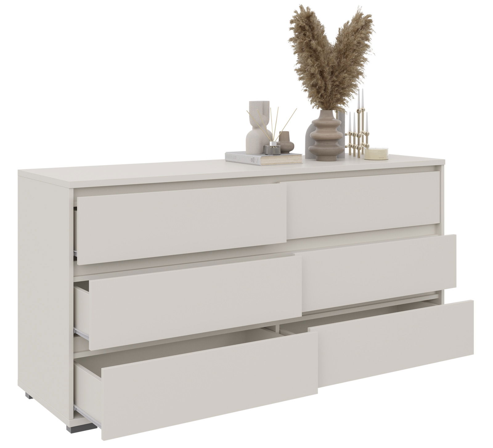XL-Sideboard in Weiß mit sechs offenen Schubladen, dekoriert mit Vasen und Trockenblumen, seitliche Perspektive