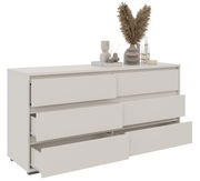 XL-Sideboard in Weiß mit sechs offenen Schubladen, dekoriert mit Vasen und Trockenblumen, seitliche Perspektive