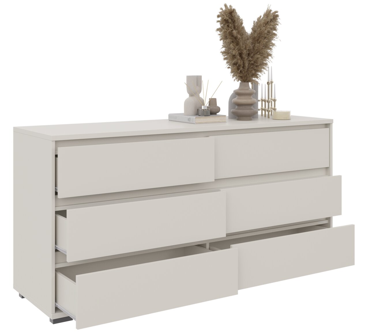 XL-Sideboard in Weiß mit sechs offenen Schubladen, dekoriert mit Vasen und Trockenblumen, seitliche Perspektive