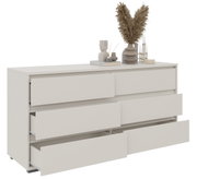XL-Sideboard in Weiß mit sechs offenen Schubladen, dekoriert mit Vasen und Trockenblumen, seitliche Perspektive
