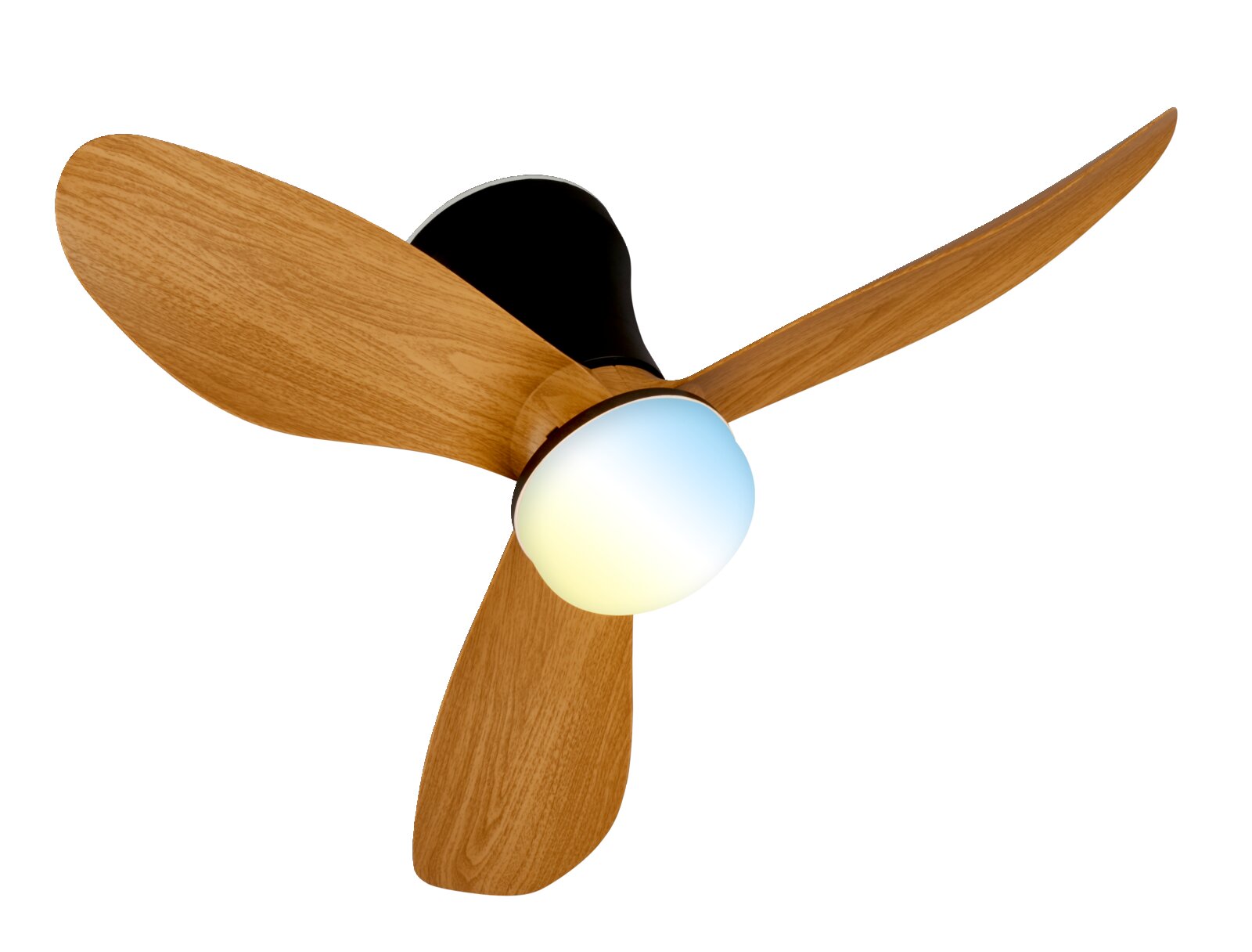 Deckenventilator mit drei Holzflügeln und integrierter runder Leuchte, schwarzes Gehäuse, schräg von unten in Nahaufnahme freigestellt