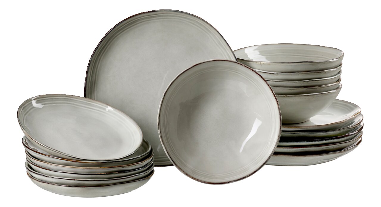 Elegantes 18-teiliges Tellerset in neutralem Grau, bestehend aus flachen und tiefen Tellern, seitliche Perspektive.