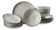 Elegantes 18-teiliges Tellerset in neutralem Grau, bestehend aus flachen und tiefen Tellern, seitliche Perspektive.