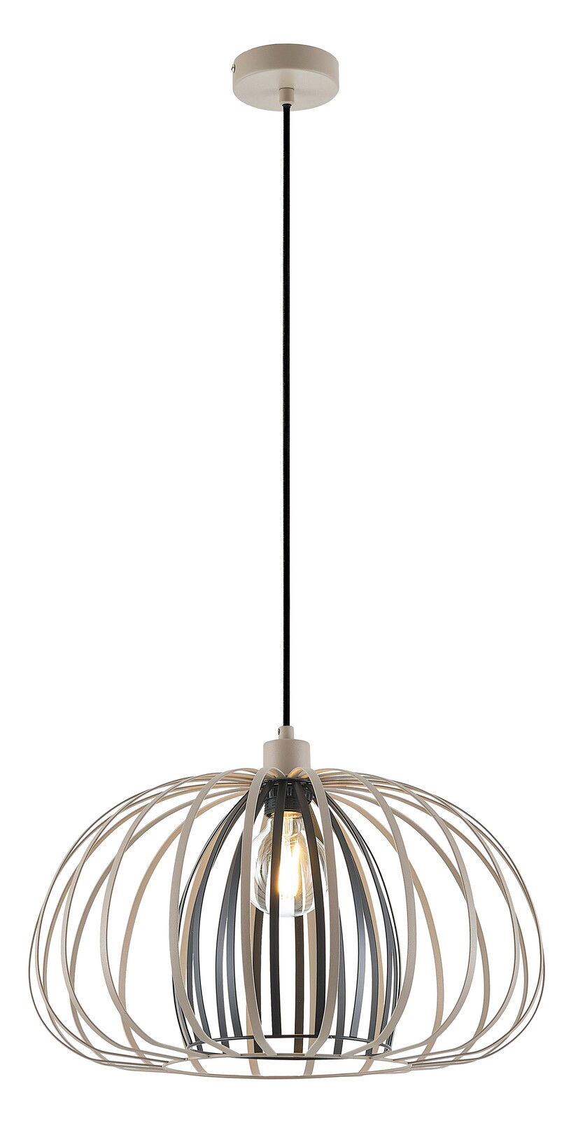 Moderne Hängeleuchte mit offenem, kugelförmigem Design aus Metallstreben, seitliche Perspektive