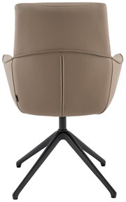 Rückansicht eines modernen Armlehnstuhls mit beigem Lederbezug und schwarzem Metallgestell.
