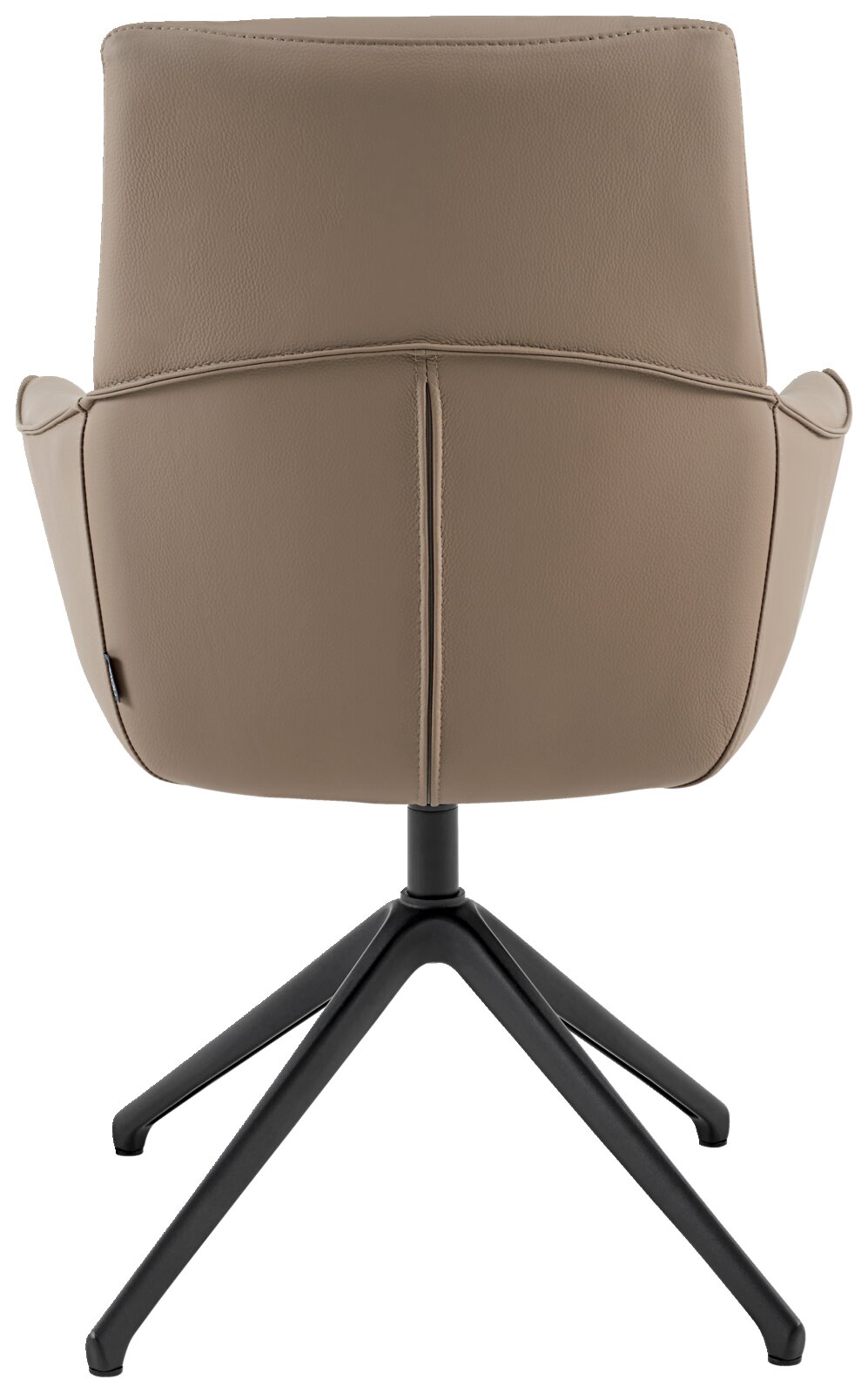 Rückansicht eines modernen Armlehnstuhls mit beigem Lederbezug und schwarzem Metallgestell.