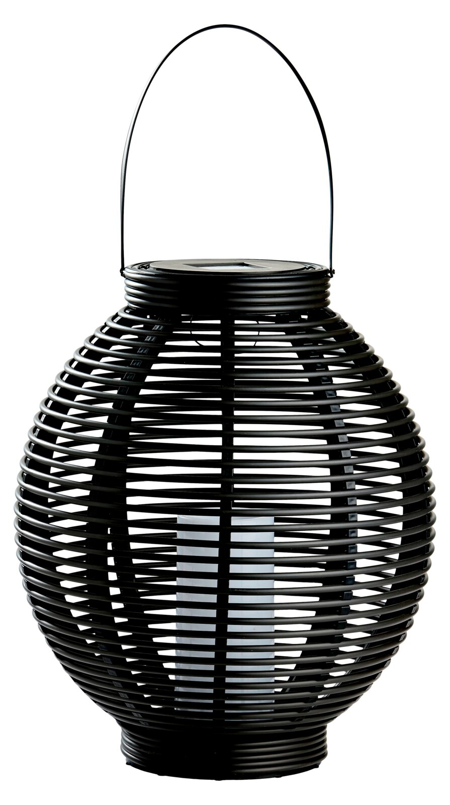 Schwarze Solar Laterne in Rattan-Optik mit Henkel, seitliche Perspektive