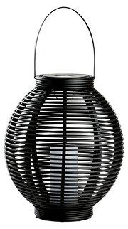 Schwarze Solar Laterne in Rattan-Optik mit Henkel, seitliche Perspektive