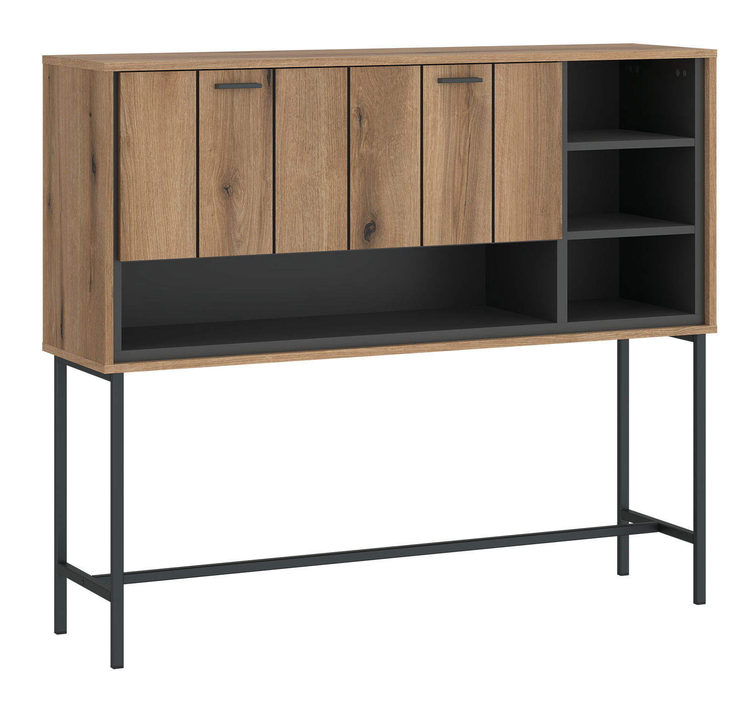 Moderner Barschrank aus Holz mit schwarzem Metallgestell, vier Türen und offenen Regalfächern, seitliche Perspektive