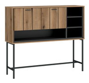 Moderne houten barkast met zwart metalen frame, vier deuren en open planken, zijaanzicht