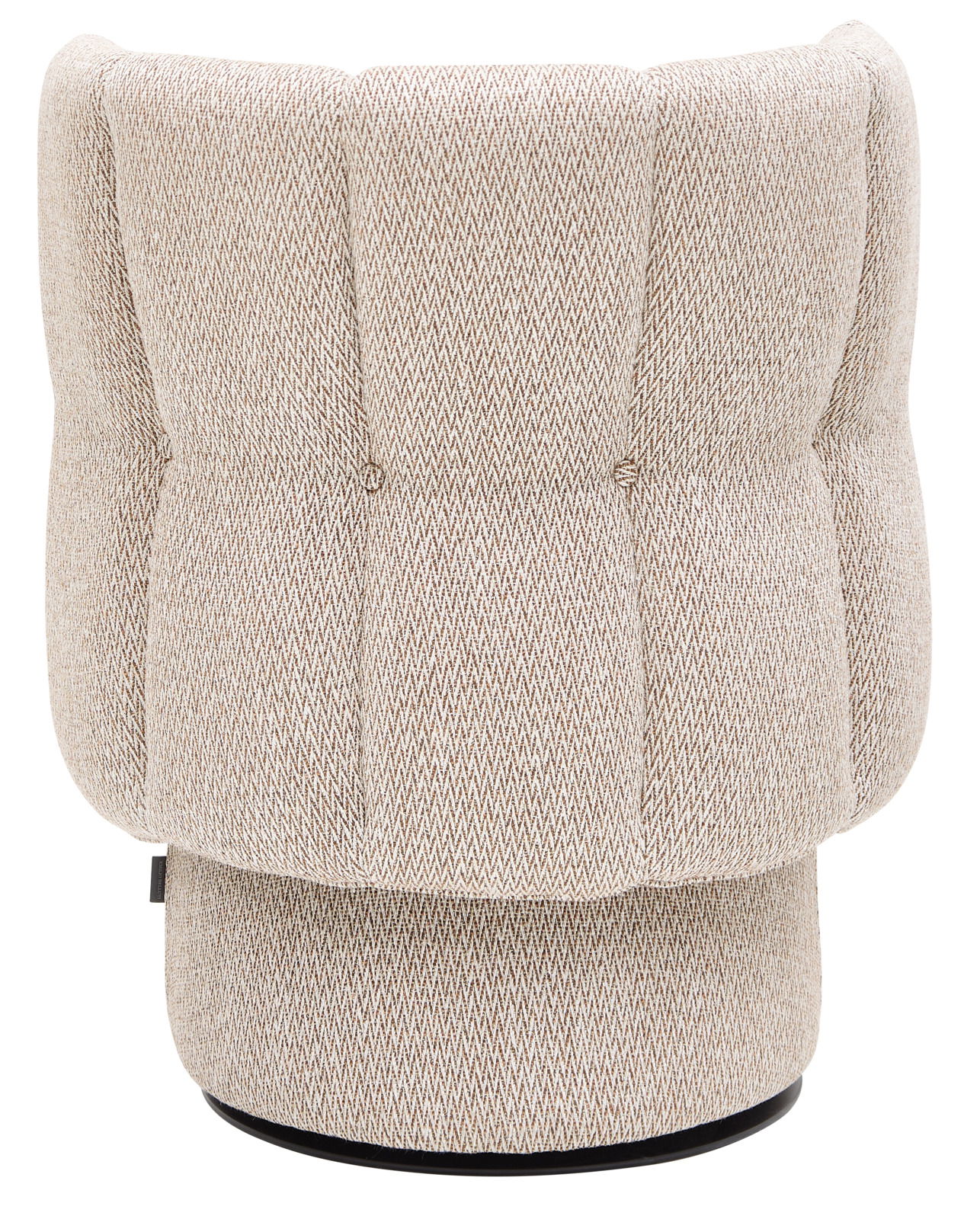 Rückansicht eines beige gemusterten Sessels mit runder Basis.