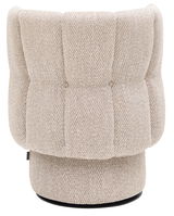 Rückansicht eines beige gemusterten Sessels mit runder Basis.