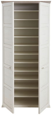 XL-Schuhschrank in heller Holzoptik mit offenen Türen, frontal betrachtet, zeigt mehrere Regalböden für Schuhe.