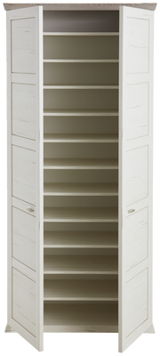 XL-Schuhschrank in heller Holzoptik mit offenen Türen, frontal betrachtet, zeigt mehrere Regalböden für Schuhe.