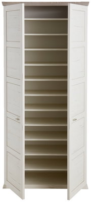 XL-schoenenkast in lichte houtlook met open deuren, gezien vanaf de voorkant, met meerdere schappen voor schoenen.