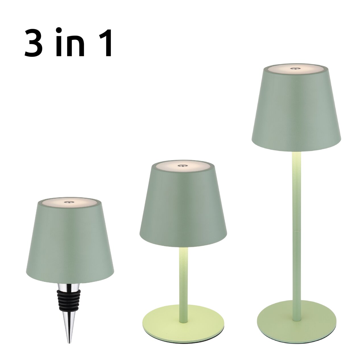 Globo Lighting 3-in-1-tafellamp VANNIE Akku-Tischleuchte VANNIE 3 in 1, grün, mit drei verschiedenen Höhenoptionen, seitliche Perspektive