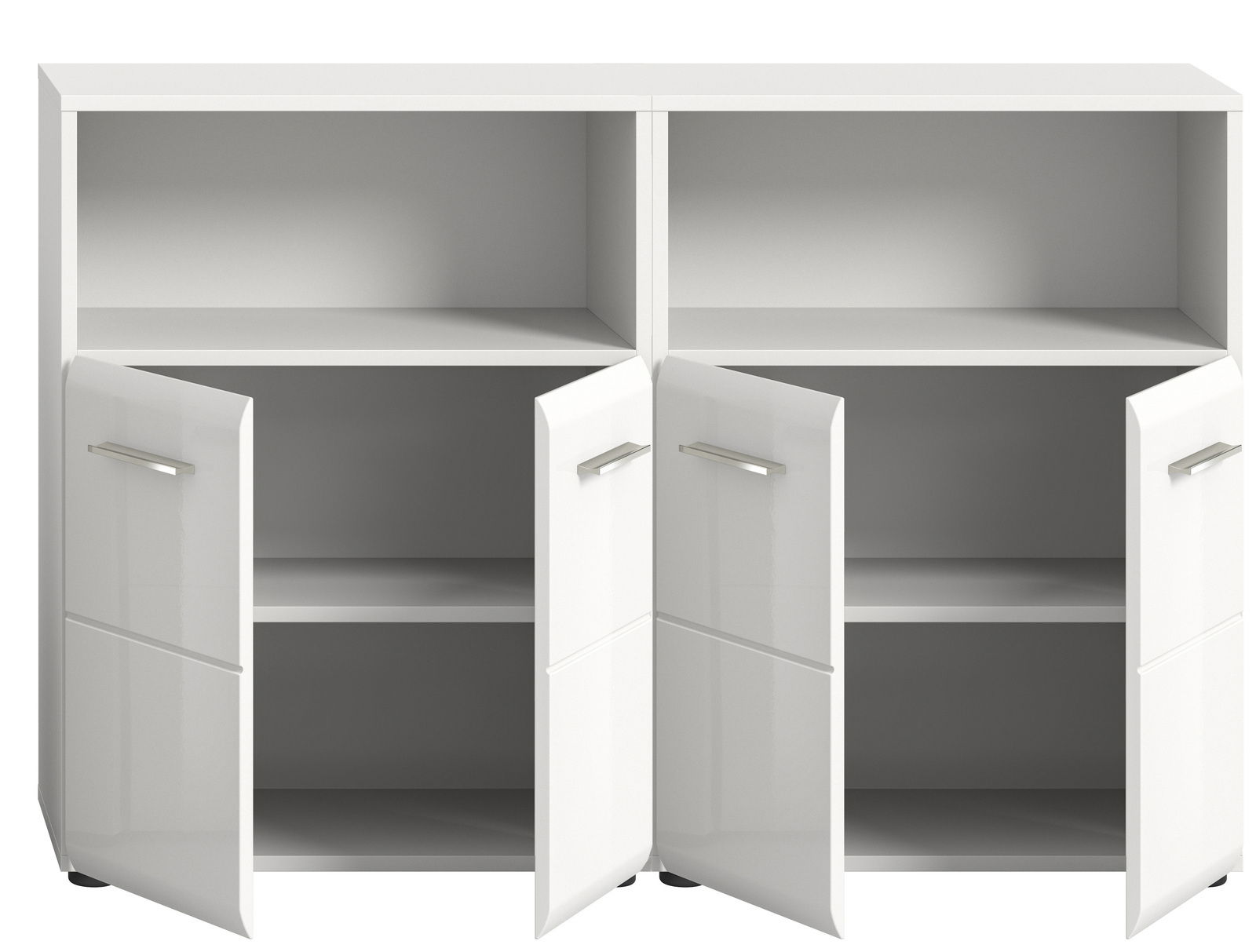 Weiße Badkombination mit vier offenen Türen, Frontansicht