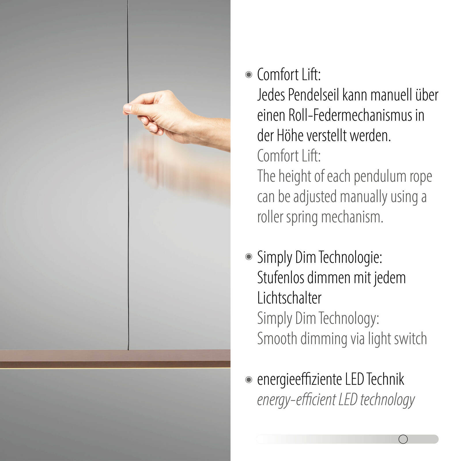 Seitenansicht einer LED-Pendelleuchte mit verstellbarem Pendelseil, Simply Dim Technologie und energieeffizienter LED Technik.