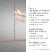 Seitenansicht einer LED-Pendelleuchte mit verstellbarem Pendelseil, Simply Dim Technologie und energieeffizienter LED Technik.