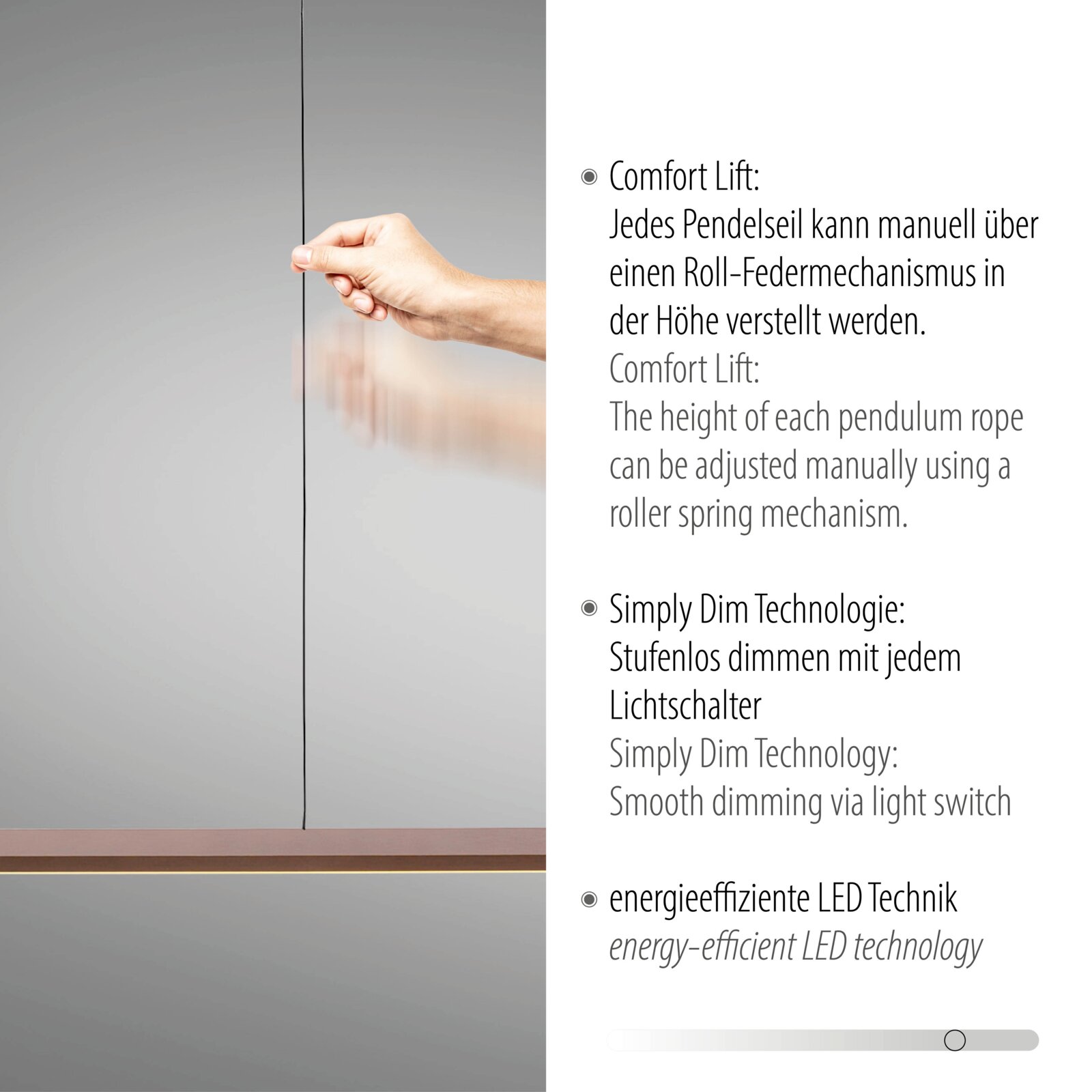 Seitenansicht einer LED-Pendelleuchte mit verstellbarem Pendelseil, Simply Dim Technologie und energieeffizienter LED Technik.