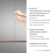 Seitenansicht einer LED-Pendelleuchte mit verstellbarem Pendelseil, Simply Dim Technologie und energieeffizienter LED Technik.