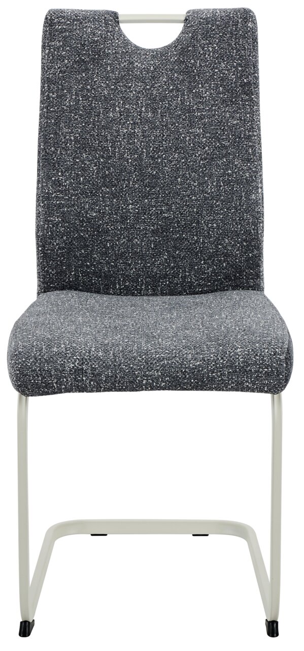 Moderner Schwingstuhl mit grauem Stoffbezug, Vorderansicht