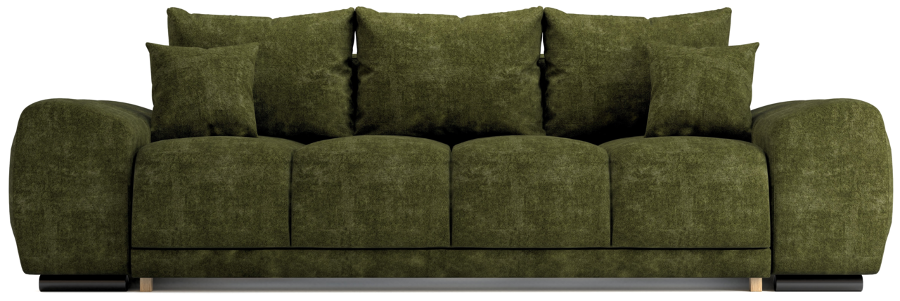 Grünes Funktionssofa mit mehreren Kissen, Vorderansicht