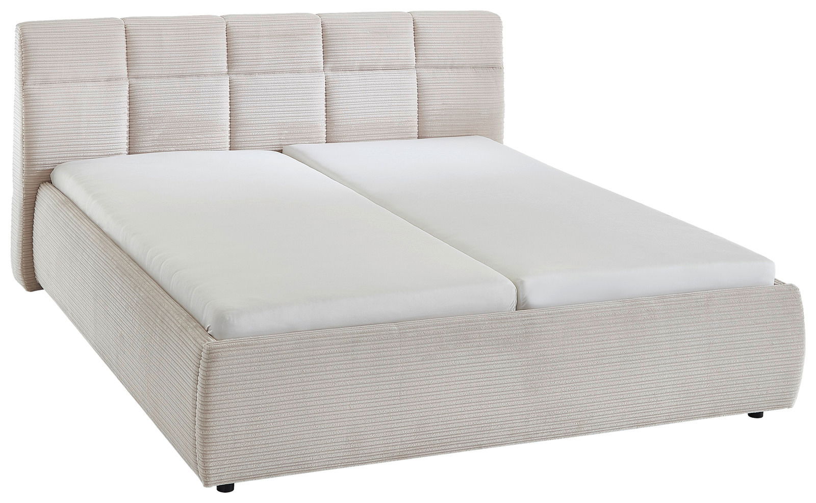 Beiges Polsterbett mit gestepptem Kopfteil, seitliche Perspektive