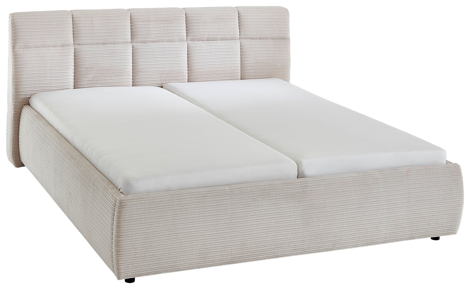 Beiges Polsterbett mit gestepptem Kopfteil, seitliche Perspektive