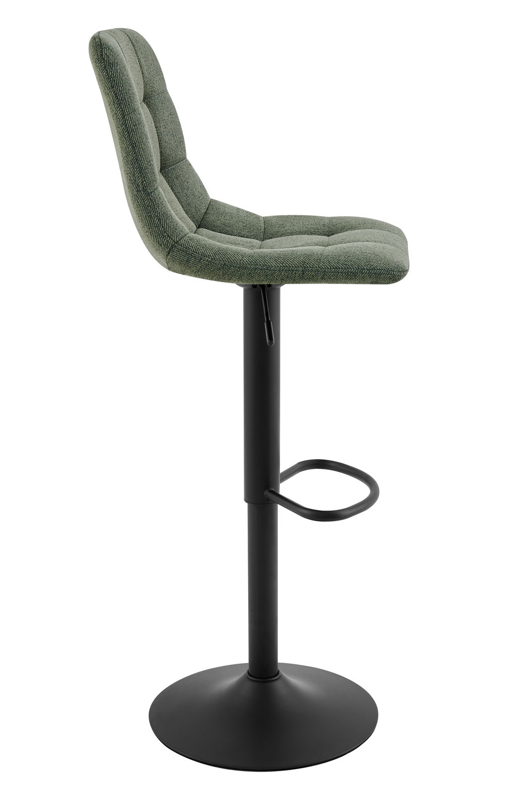 Moderner Barhocker mit grünem, gepolstertem Sitz und schwarzem Metallgestell, seitliche Perspektive