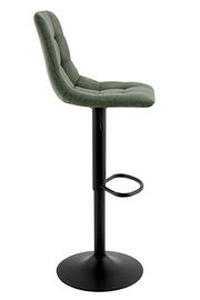 Moderner Barhocker mit grünem, gepolstertem Sitz und schwarzem Metallgestell, seitliche Perspektive