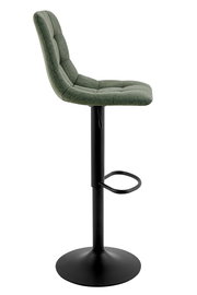 Moderner Barhocker mit grünem, gepolstertem Sitz und schwarzem Metallgestell, seitliche Perspektive