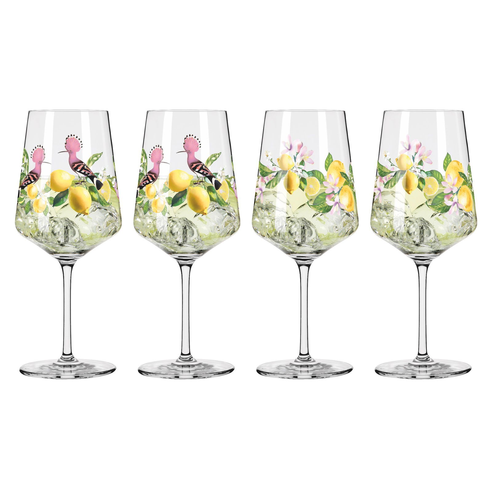 Ritzenhoff Limoncello 4er-Set SOMMERTAU Vier elegante Weingläser mit Zitronen- und Vogelmotiv, frontal abgebildet.