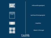 Frontale Infografik mit Symbolen und Text: mikrowellengeeignet, spülmaschinengeeignet, stapelbar und Made in Portugal; unten Logo von CreaTable PorzellanHaus GmbH.