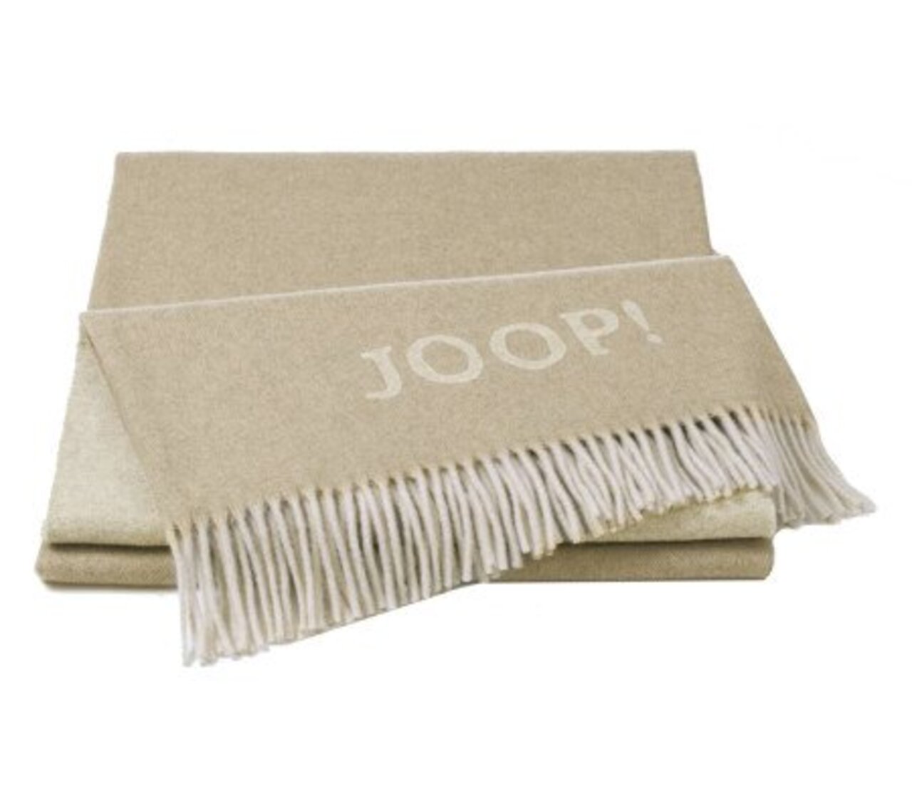JOOP! Wohndecke Fine Doubleface Beige Decke mit Fransen und dem Schriftzug 'JOOP!' in Nahaufnahme.