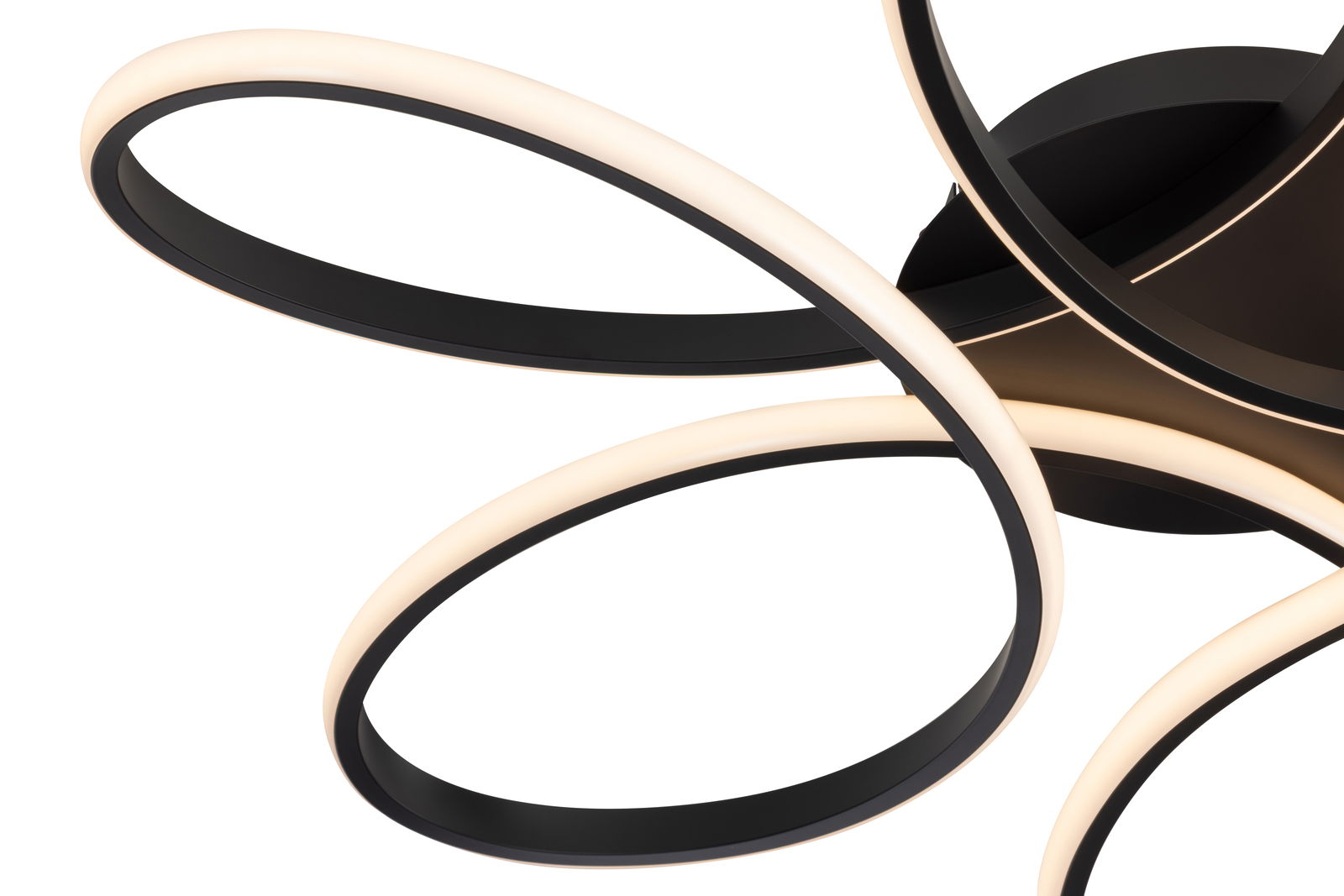 Novel LED-Deckenleuchte Moderne LED-Deckenleuchte mit geschwungenen, leuchtenden Ringen, seitliche Perspektive