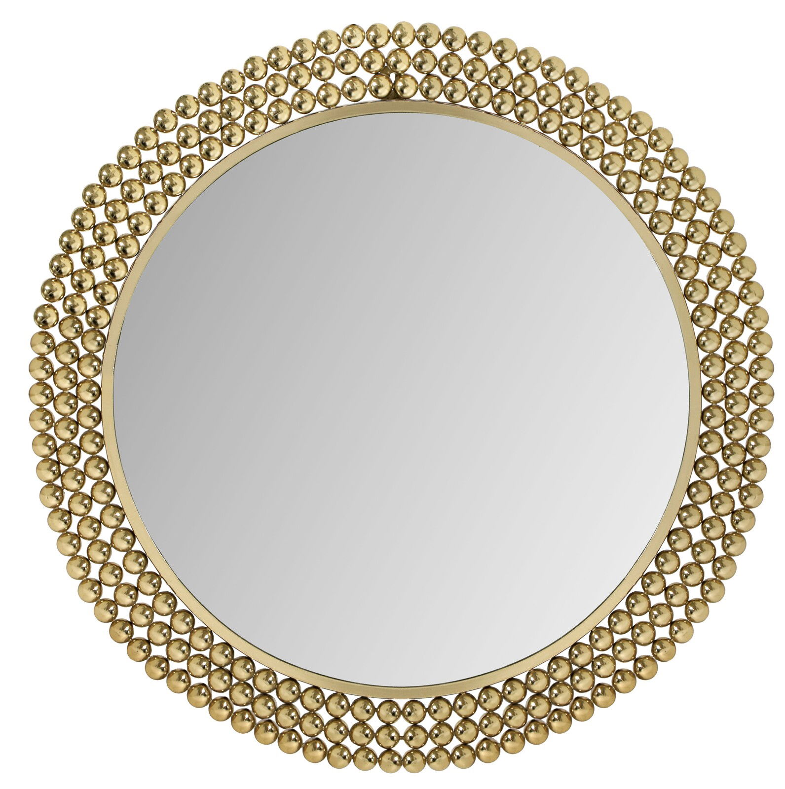 Runder Spiegel mit einem Durchmesser von 76 cm, umgeben von einem dekorativen Rahmen aus goldenen Kugeln, frontal abgebildet.
