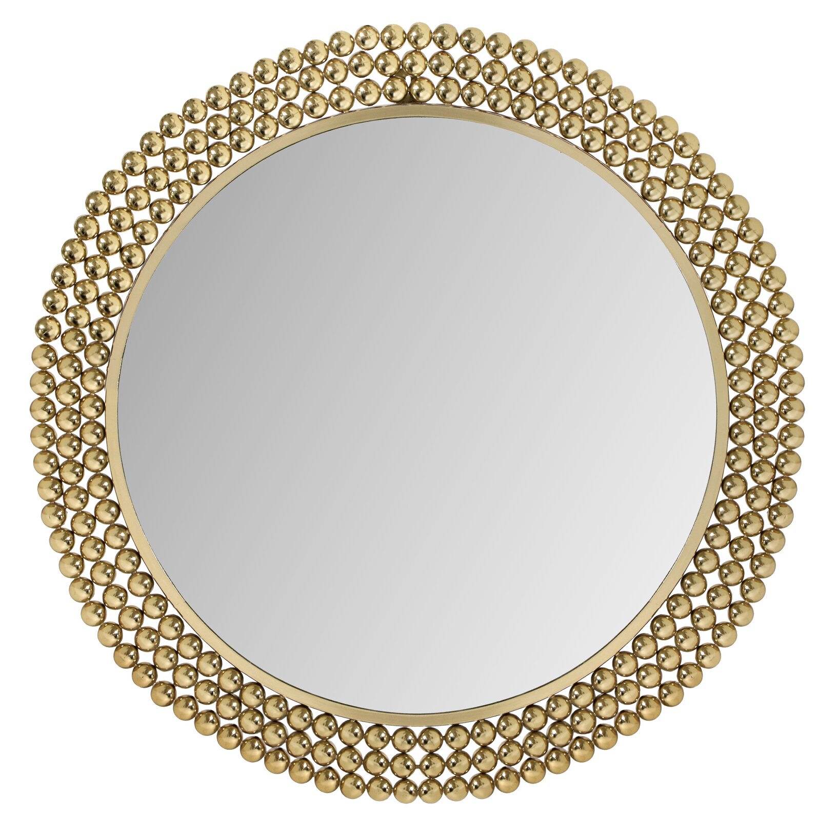 Runder Spiegel mit einem Durchmesser von 76 cm, umgeben von einem dekorativen Rahmen aus goldenen Kugeln, frontal abgebildet.