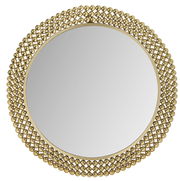 Runder Spiegel mit einem Durchmesser von 76 cm, umgeben von einem dekorativen Rahmen aus goldenen Kugeln, frontal abgebildet.