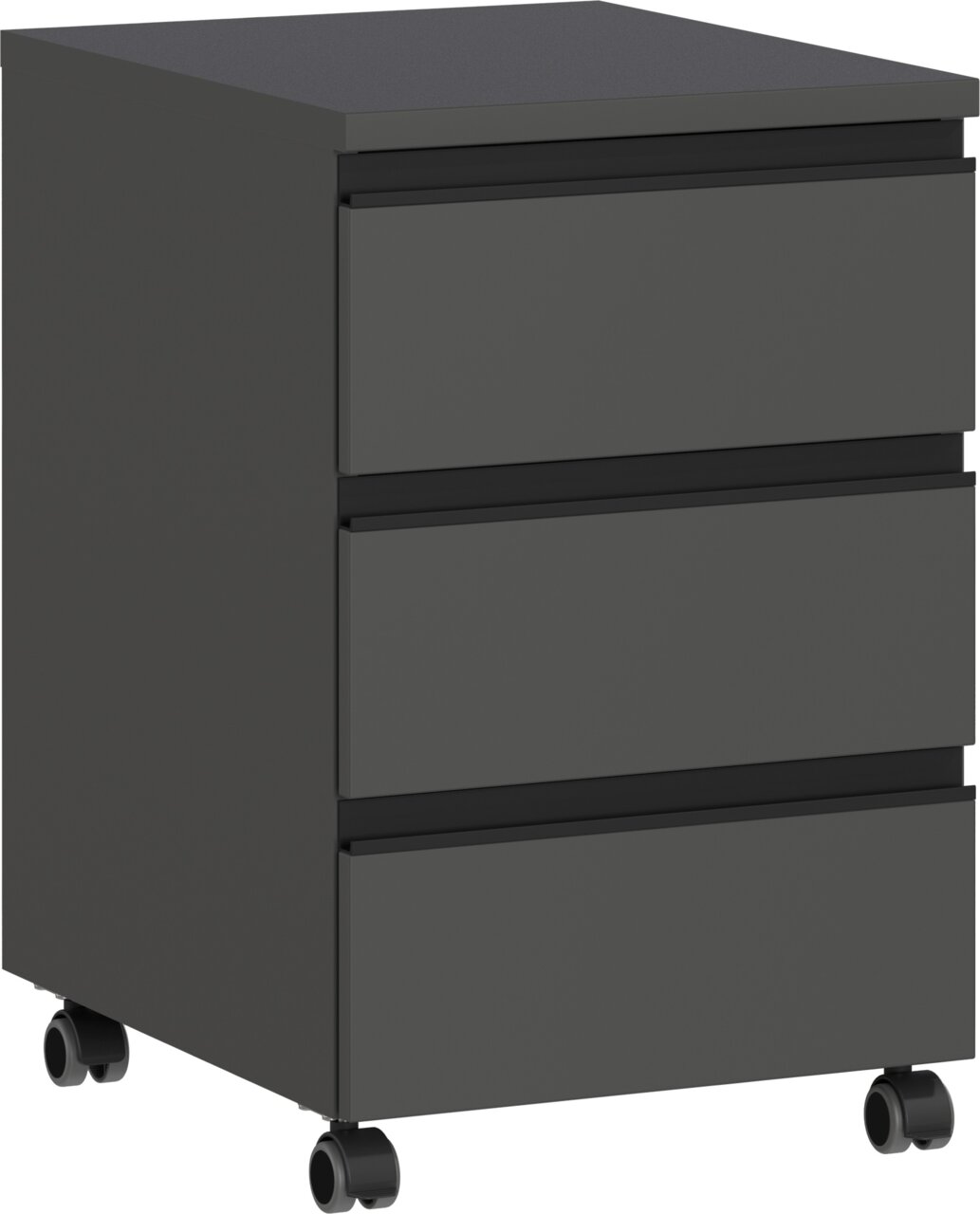 MID.YOU Rollcontainer BEDANO Grauer Rollcontainer mit drei Schubladen, auf Rollen, seitliche Perspektive