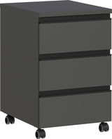 Grauer Rollcontainer mit drei Schubladen, auf Rollen, seitliche Perspektive