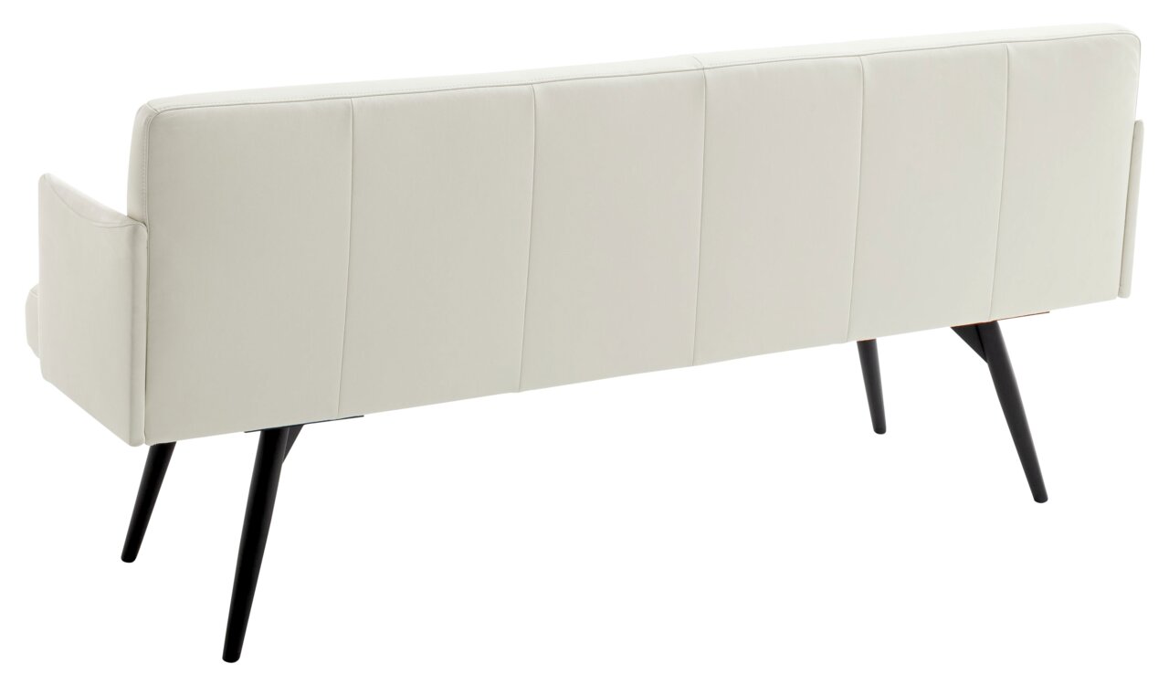 Rückansicht eines modernen, cremefarbenen Sofas mit schwarzen Beinen.
